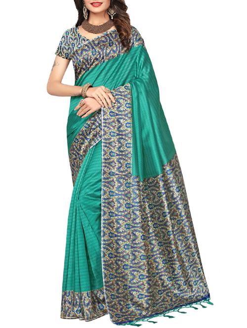 turquoise art silk printed saree with blouse - 15052839 - Very Small Image - 1
