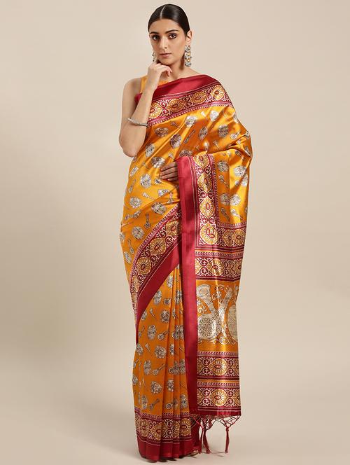 mustard art silk printed saree with blouse - 15052854 - Very Small Image - 1