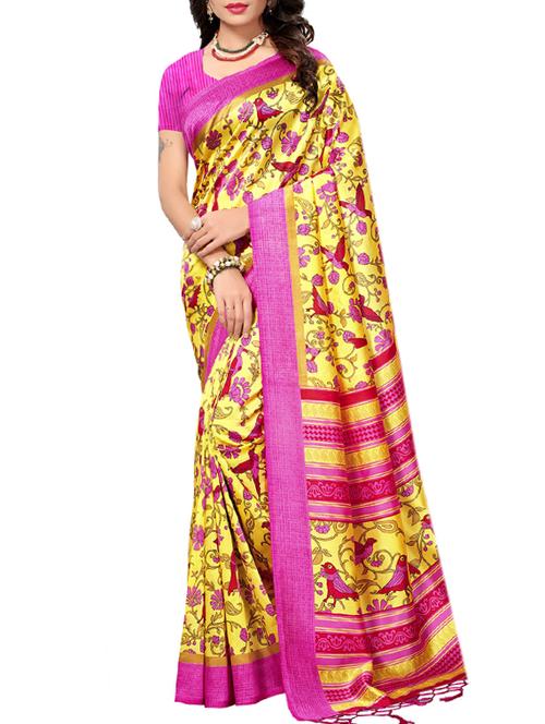 yellow art silk printed saree with blouse - 15052855 - Very Small Image - 1