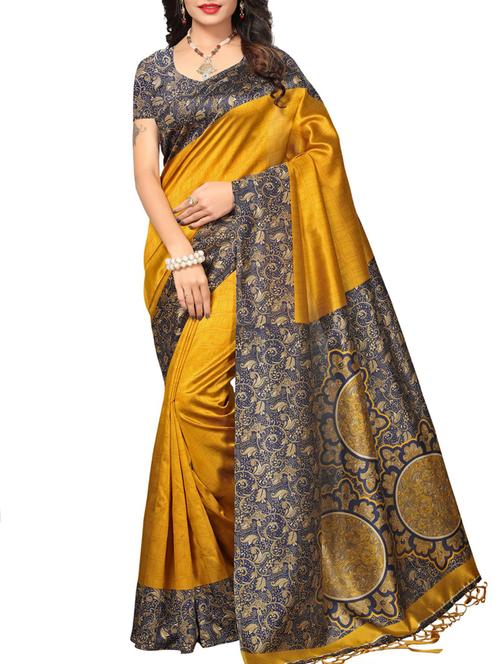 mustard art silk printed saree with blouse - 15052863 - Very Small Image - 1