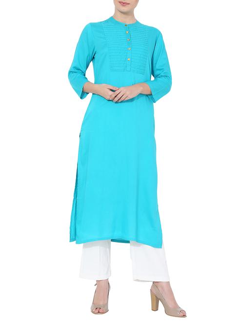 turquoise rayon solid kurta - 15054507 - Very Small Image - 1