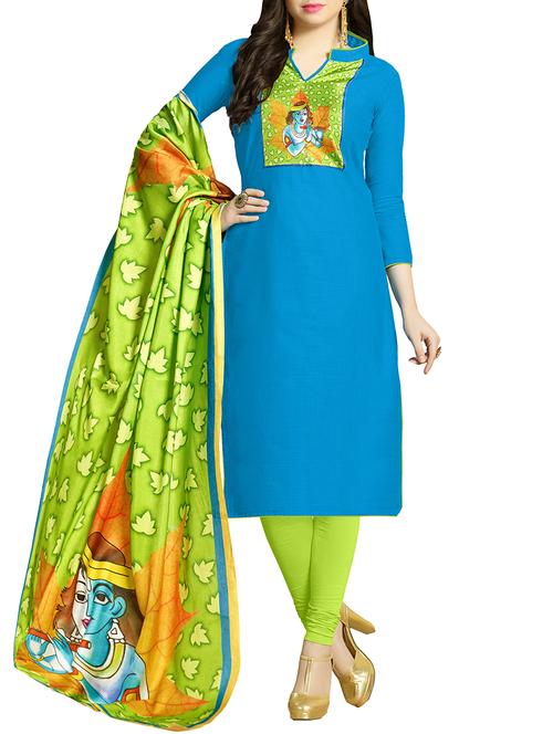 sky blue cotton unstitched suit - 15054928 - Very Small Image - 1