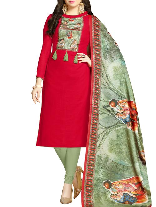 red cotton unstitched suit - 15054931 - Very Small Image - 1