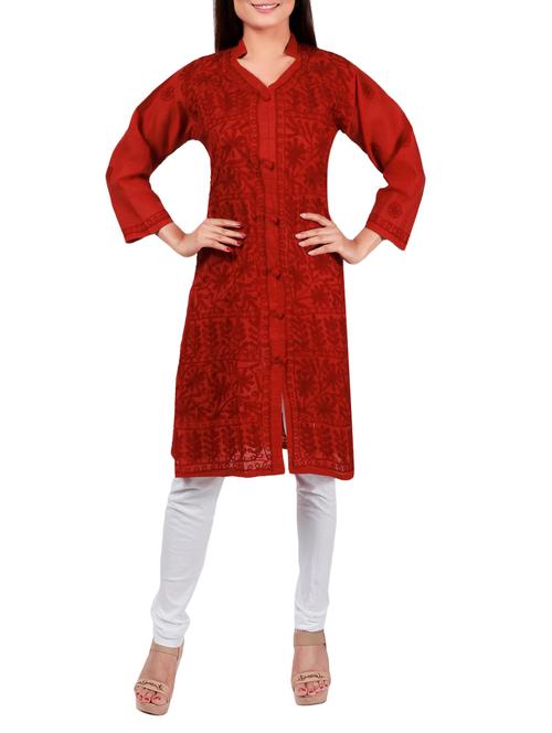 red cotton solid kurta - 15055116 - Very Small Image - 1