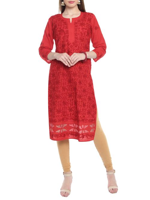 red cotton solidt kurta - 15055134 - Very Small Image - 1