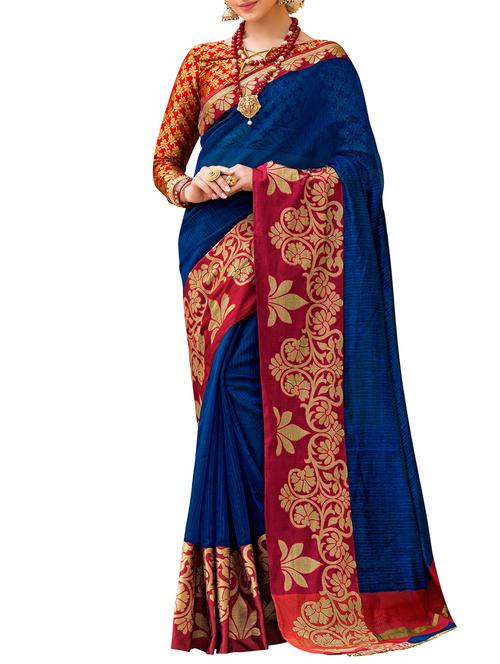blue cotton silk bordered saree with blouse - 15055838 - Very Small Image - 1