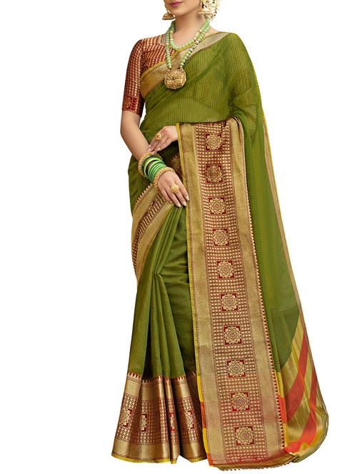 green cotton silk bordered saree with blouse - 15055845 - Very Small Image - 1