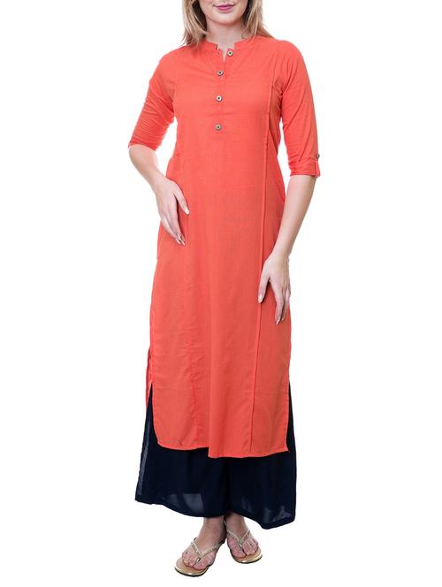 orange cotton solid kurta - 15057712 - Very Small Image - 1