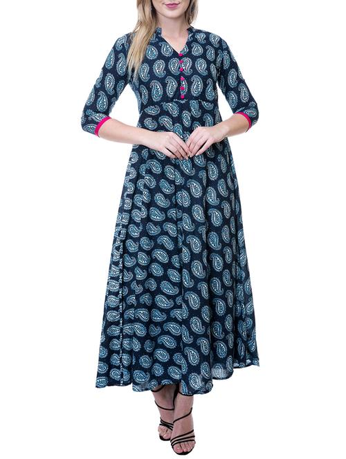 blue cotton flared kurta - 15057727 - Very Small Image - 1
