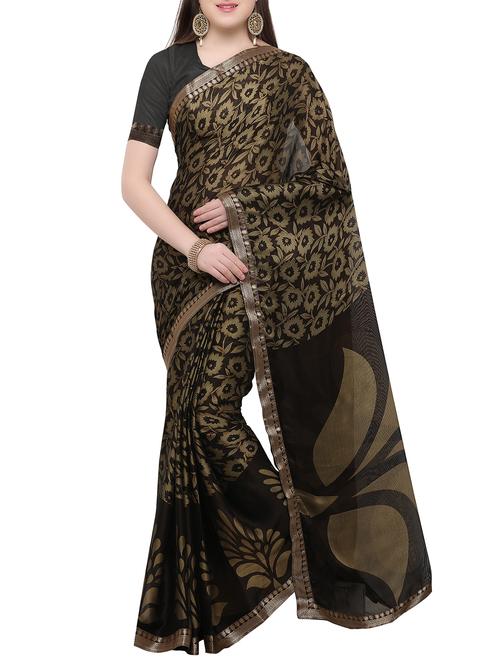 brown crepe printed saree with blouse - 15059501 - Very Small Image - 1