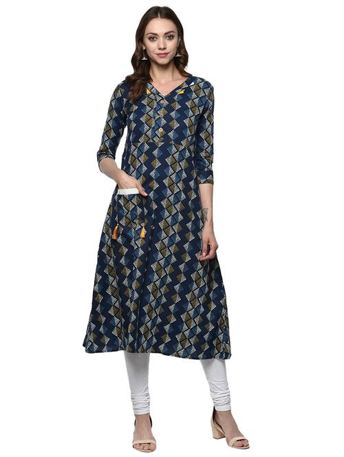 blue cotton aline kurta - 15059586 - Very Small Image - 1