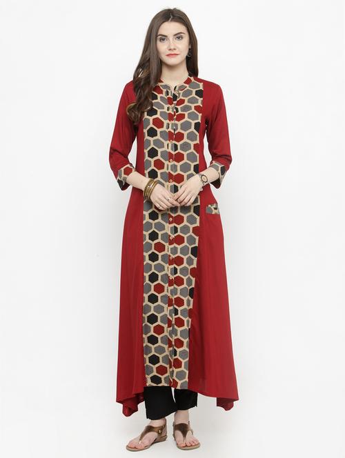 rust printed panel kurta with pant set - 15060246 - Very Small Image - 1