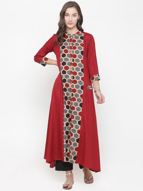 rust printed paneled kurta pant set - 15060247 - Very Small Image - 1