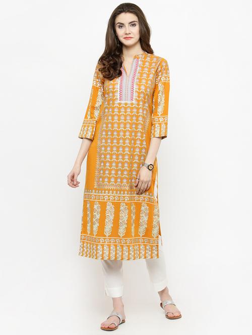 yellow cotton blend straight kurta - 15060397 - Very Small Image - 1