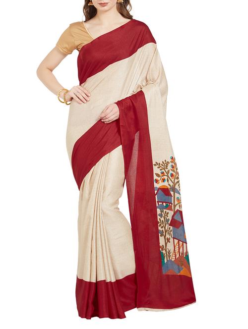 beige linen printed saree with blouse - 15061937 - Very Small Image - 1