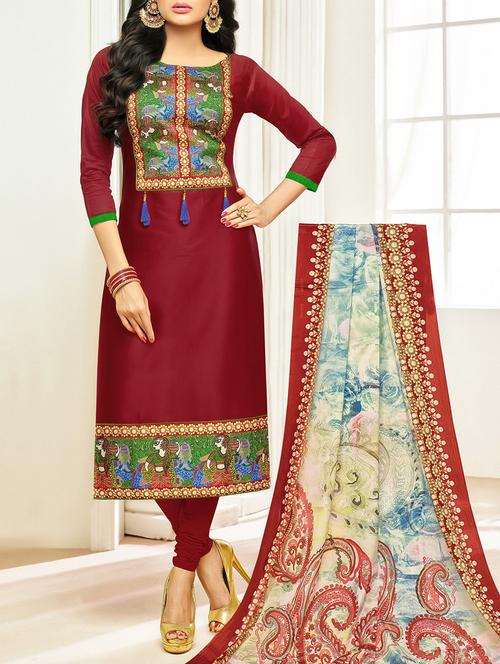 maroon cotton unstitched suit - 15063645 - Very Small Image - 1