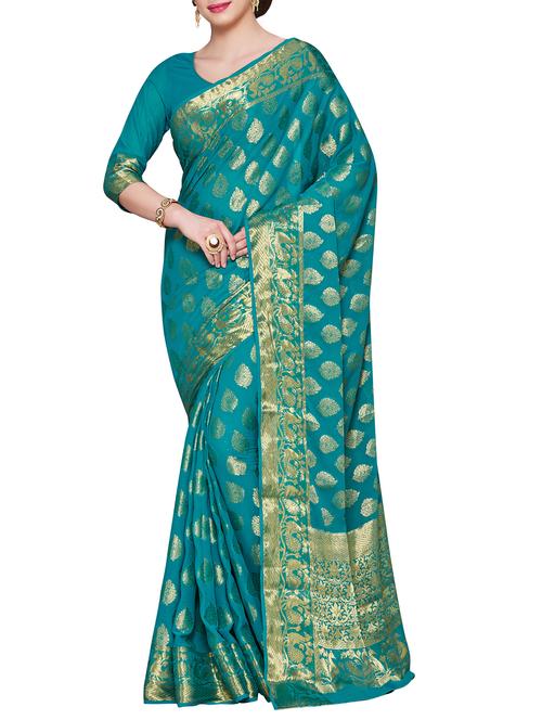 turquoise chiffon kanjivaram saree - 15063741 - Very Small Image - 1