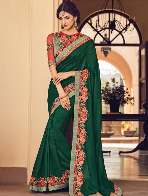 dark green bordered embroidery saree with blouse - 15063954 - Very Small Image - 1