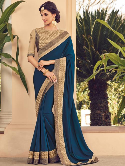 blue bordered saree with blouse - 15063959 - Very Small Image - 1