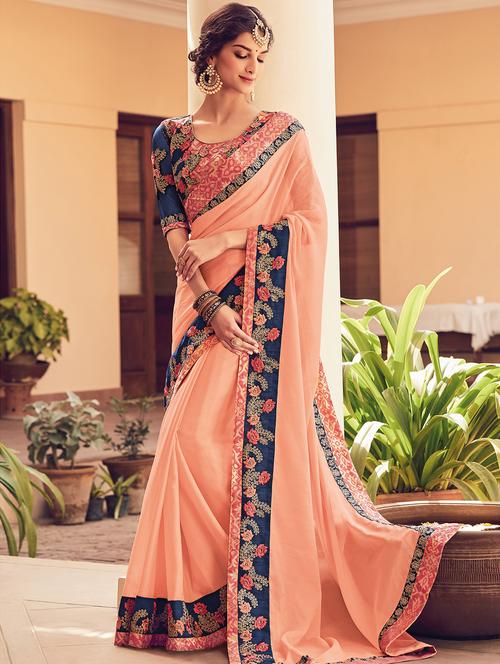 peach bordered saree with blouse - 15063965 - Very Small Image - 1