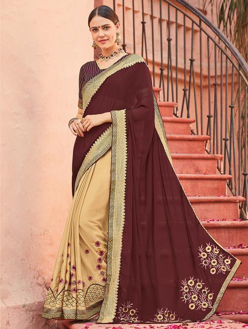 brown half and half saree with blouse - 15063967 - Very Small Image - 1