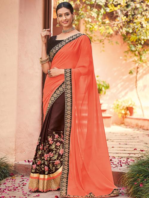 orange half and half saree with blouse - 15063976 - Very Small Image - 1