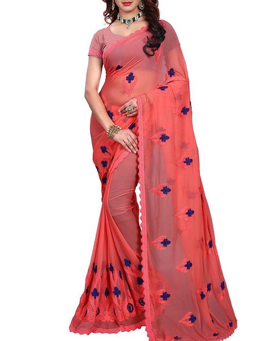 orange chiffon embroidered saree with blouse - 15063987 - Very Small Image - 1