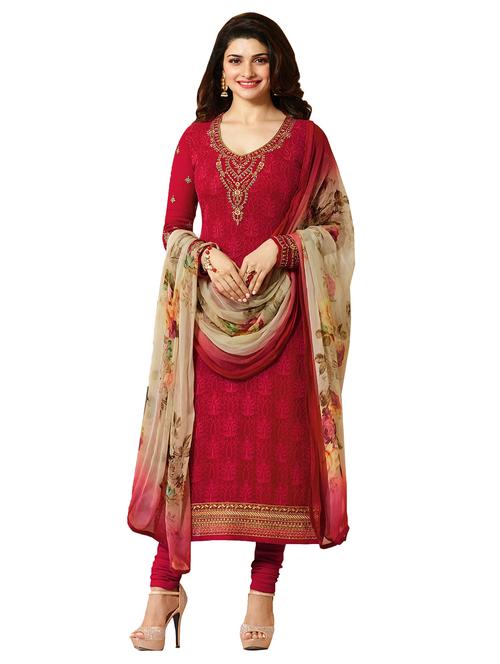 red embroidered churidaar suit semi-stitched suit - 15064257 - Very Small Image - 1