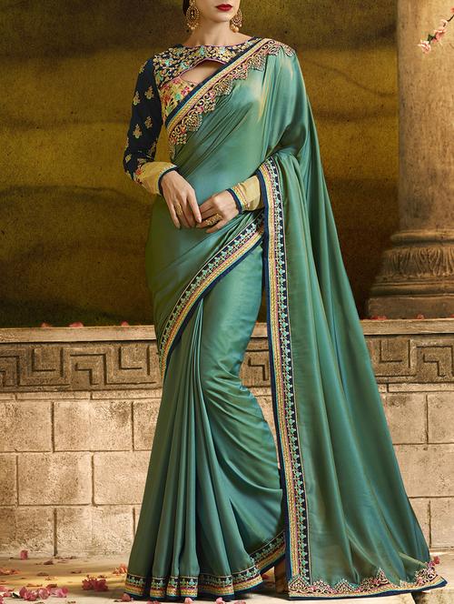 turquoise bordered saree with blouse - 15064360 - Very Small Image - 1