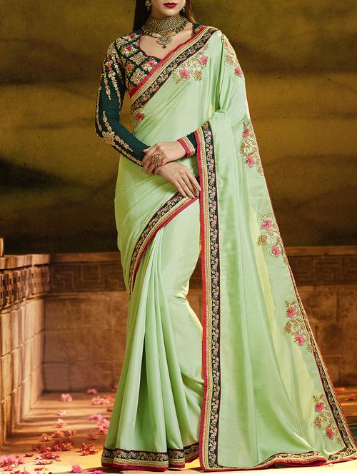 turquoise bordered saree with blouse - 15064367 - Very Small Image - 1