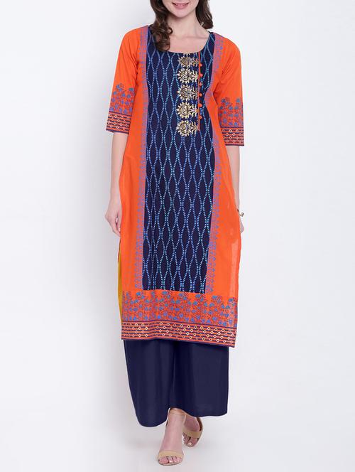 orange cotton straight kurta - 15066914 - Very Small Image - 1