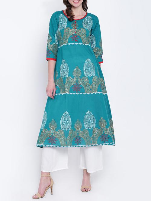 sky blue cotton a-line kurta - 15066985 - Very Small Image - 1