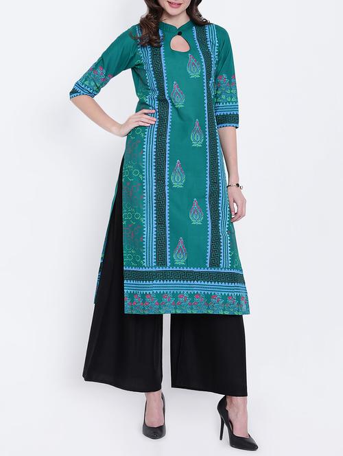 sky blue cotton straight kurta - 15066992 - Very Small Image - 1