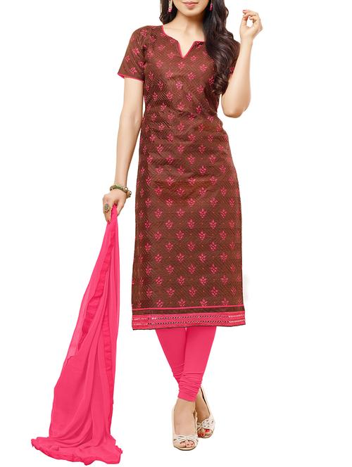 brown cotton unstitched churidaar suit - 15070389 - Very Small Image - 1
