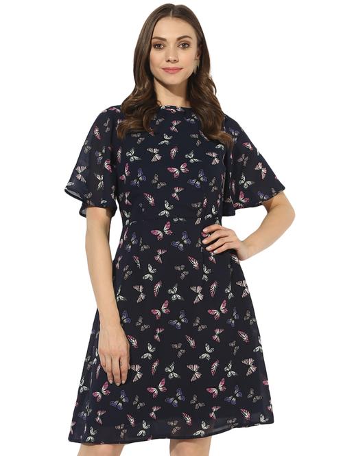 navy blue printed georgette a-line dress - 15070571 - Very Small Image - 1