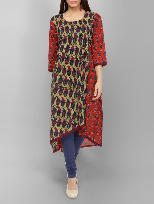 red cotton asymmetric kurta - 15071056 - Very Small Image - 1