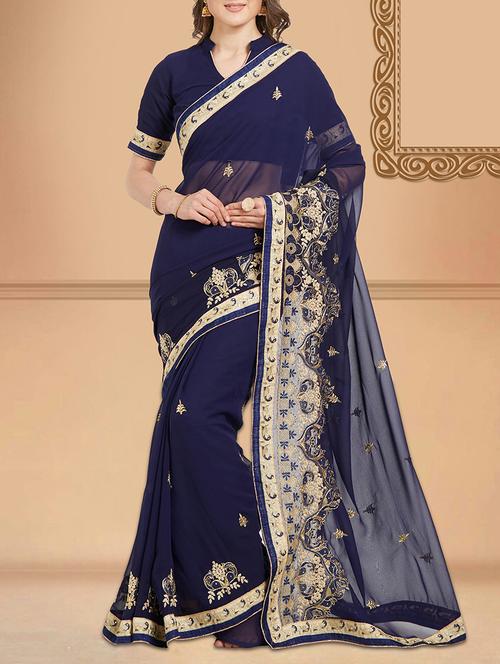 blue georgette embroidered saree with blouse - 15071717 - Very Small Image - 1