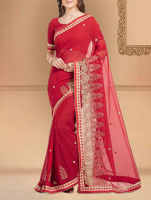 red georgette embroidered saree with blouse - 15071718 - Very Small Image - 1
