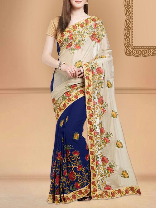 beige georgette half and half saree with blouse - 15071734 - Very Small Image - 1