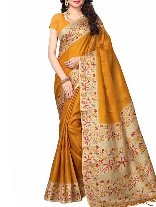 mustard khadi bordered saree with blouse - 15073100 - Very Small Image - 1