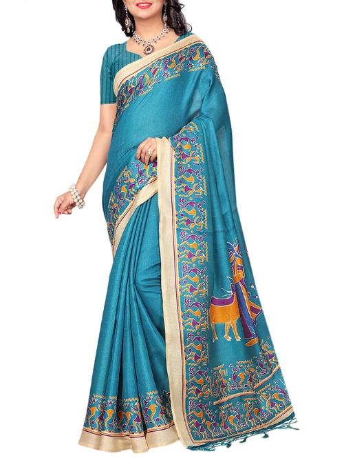 turquoise khadi bordered saree with blouse - 15073105 - Very Small Image - 1