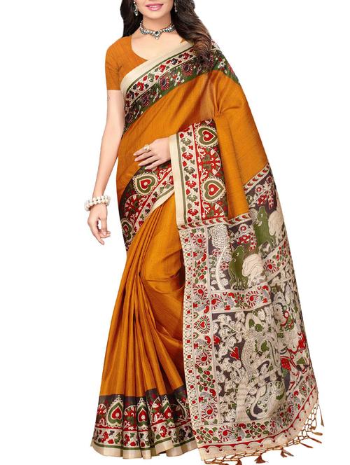 mustard khadi bordered saree with blouse - 15073117 - Very Small Image - 1