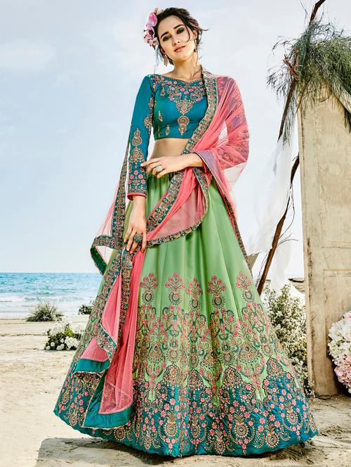 green embroidered flared lehenga - 15074661 - Very Small Image - 1