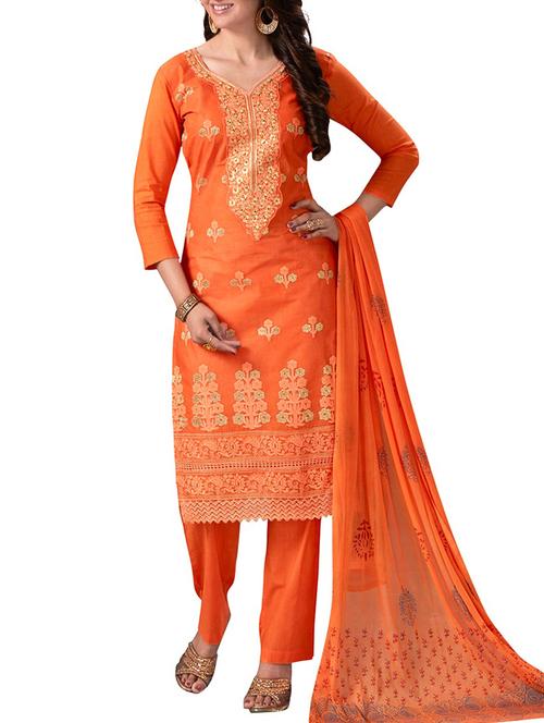 orange embroidered straight pant suit unstitched suit - 15075005 - Very Small Image - 1