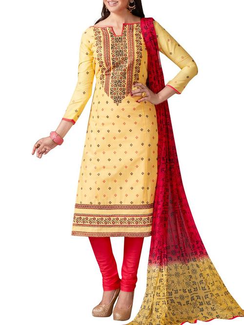yellow embroidred churidaar unstitched suit - 15075012 - Very Small Image - 1