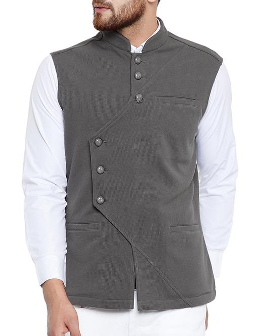 grey cotton nehru jacket - 15077399 - Very Small Image - 1