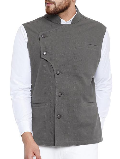 grey cotton nehru jacket - 15077405 - Very Small Image - 1