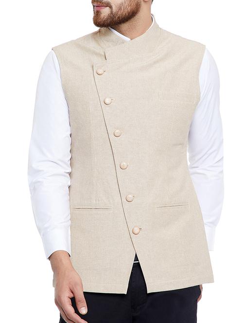 beige cotton nehru jacket - 15077411 - Very Small Image - 1