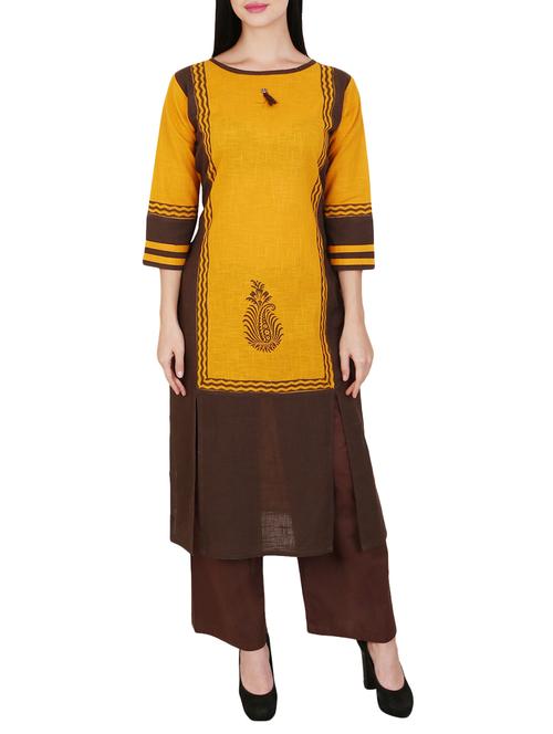 yellow cotton straight kurta - 15078501 - Very Small Image - 1