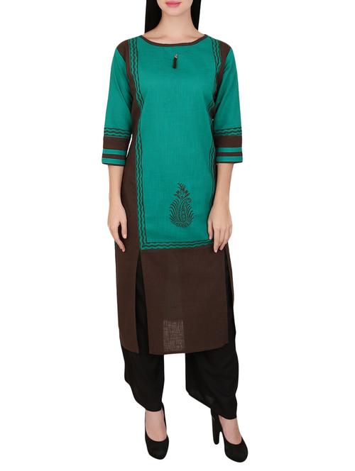turquoise cotton straight kurta - 15078503 - Very Small Image - 1
